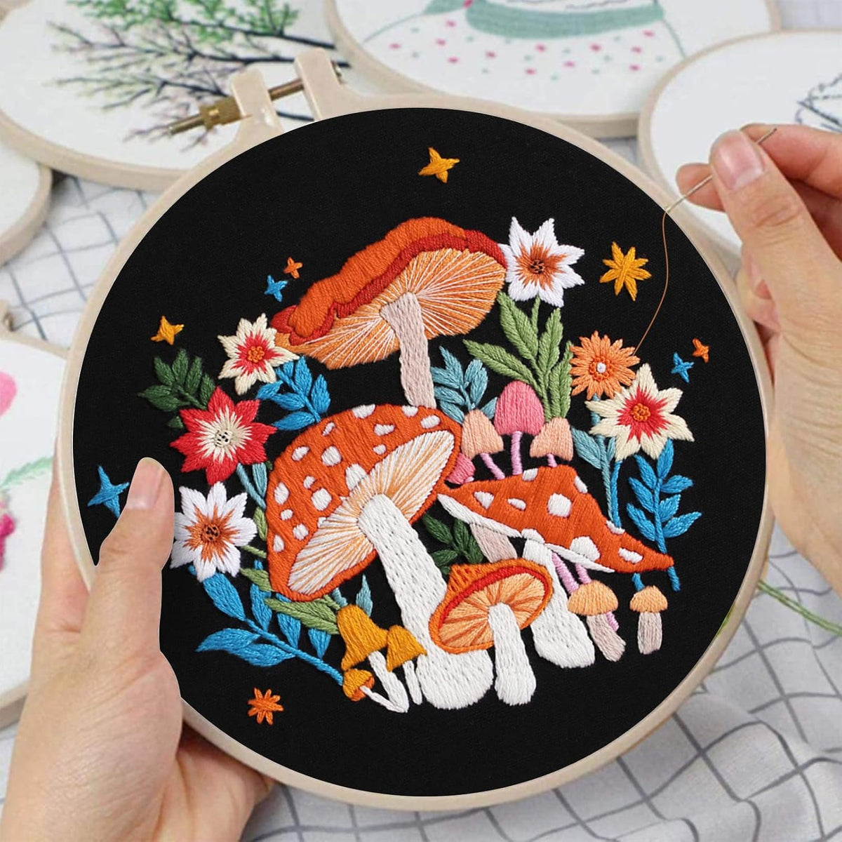 Mushroom Embroidery Kit for Beginners, DIY Adults Needlepoint | All-In-One Cross Stitch Kits with Hoop and Threads.