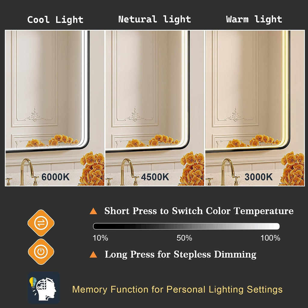 40x28 Inch LED Bathroom Mirror with Lights, Black Metal Framed LED Mirror for Bathroom, 3 Colors and Stepless
