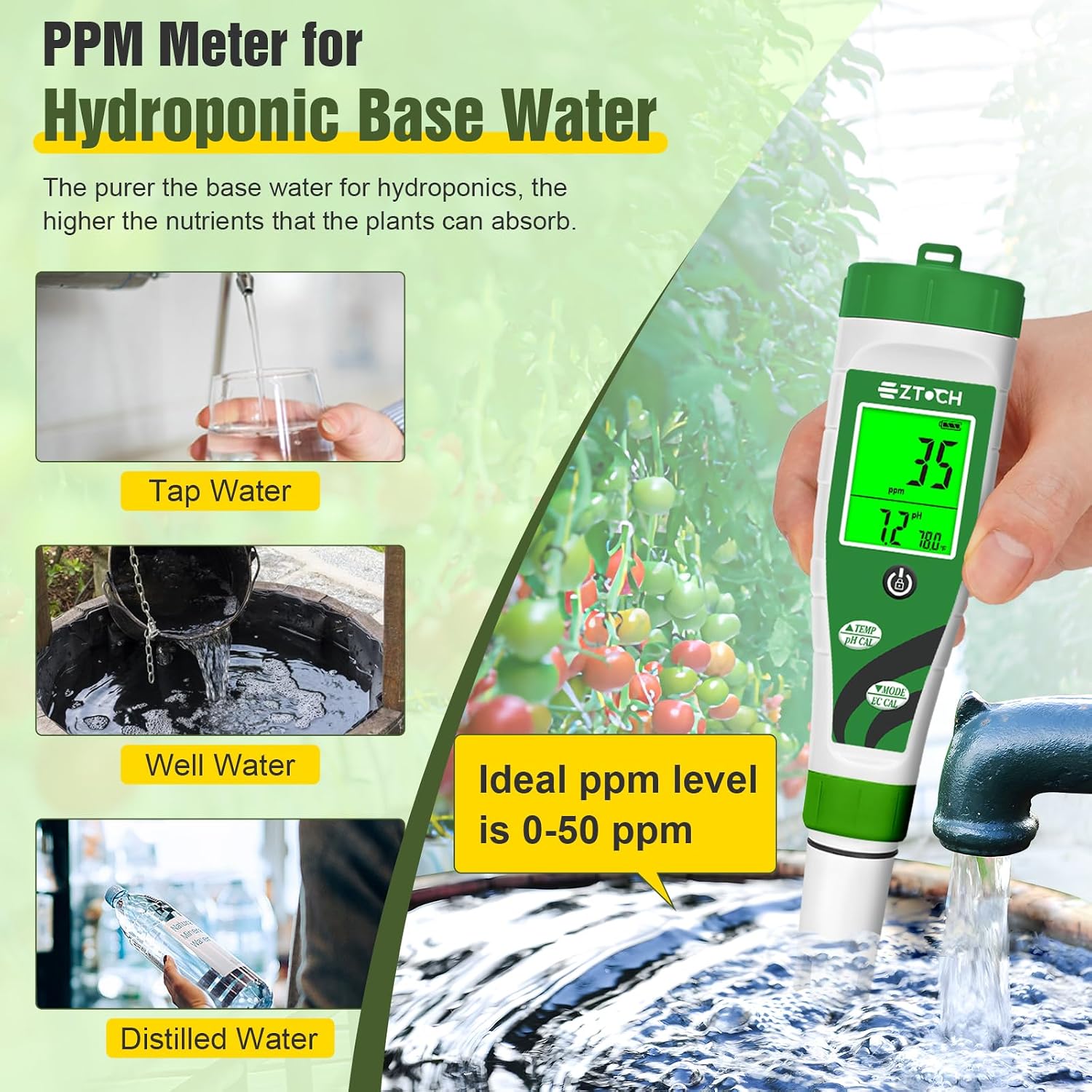 Hydroponic pH EC Meter, Water pH TDS PPM Meter