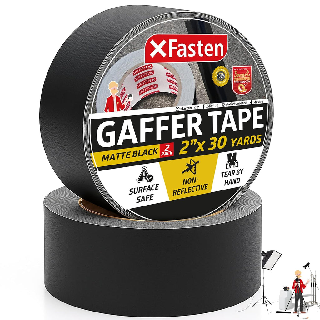 Black Gaffers Tape 2 Inch x 30 Yards, Residue-Free Strong Adhesion (2-Pack 180-feet Total) Matte Black Non-Reflective