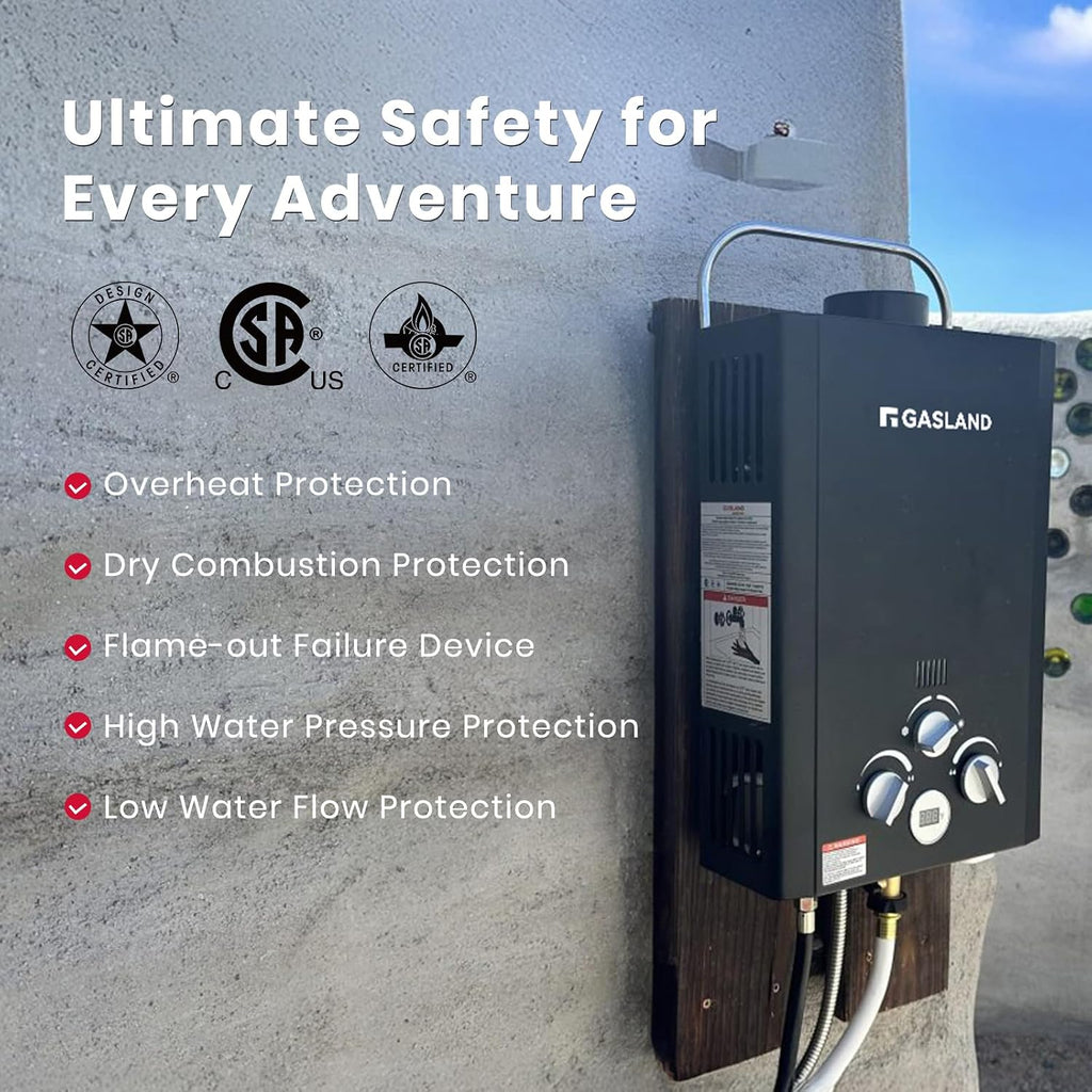 BE158B Tankless Water Heater Propane | CSA Certified | 6L 1.58 GPM | Portable Outdoor Camp Shower, Overheating