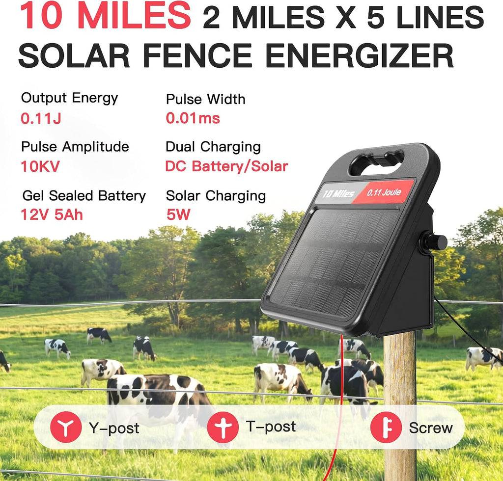 10 Mile Solar Fence Charger 0.11J Electric Fence Energizer with Day Night Mode 24-Hour Protection Black