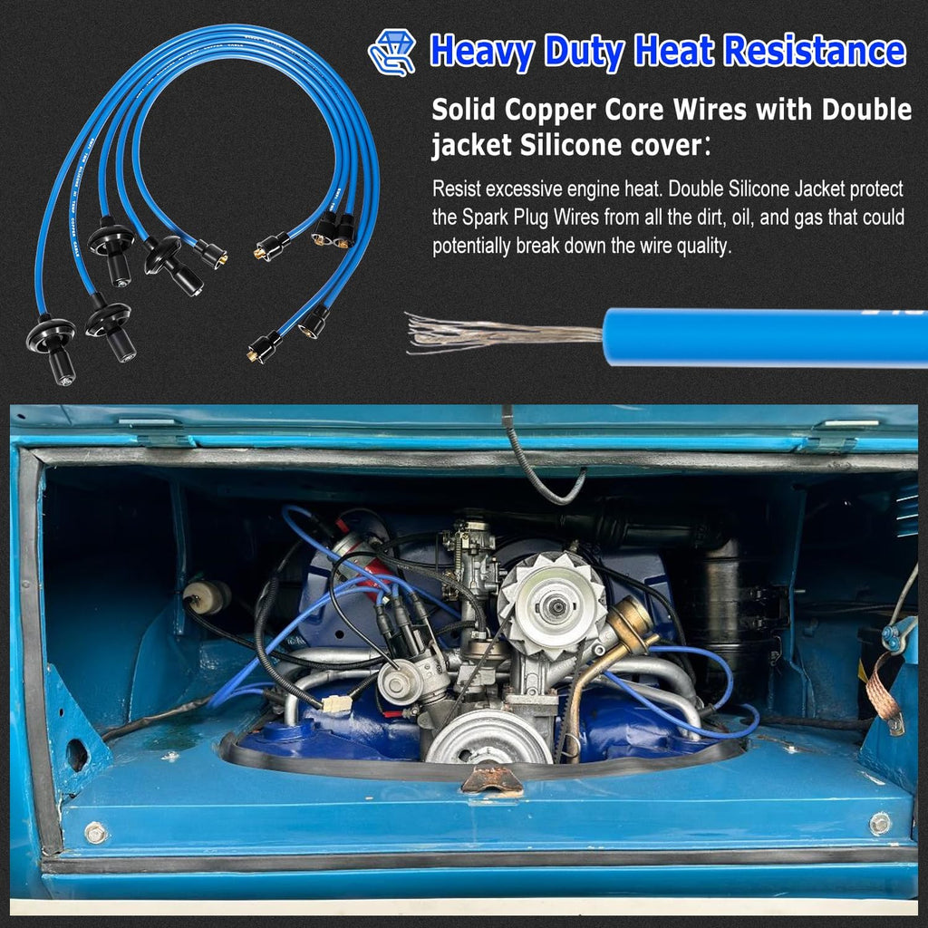 7mm Blue Silicone Ignition Plug Wires Set, 00-9407-0 Spark Plug Wire Set for VW Type 1 Bug, Beetle, Karmann GHIA