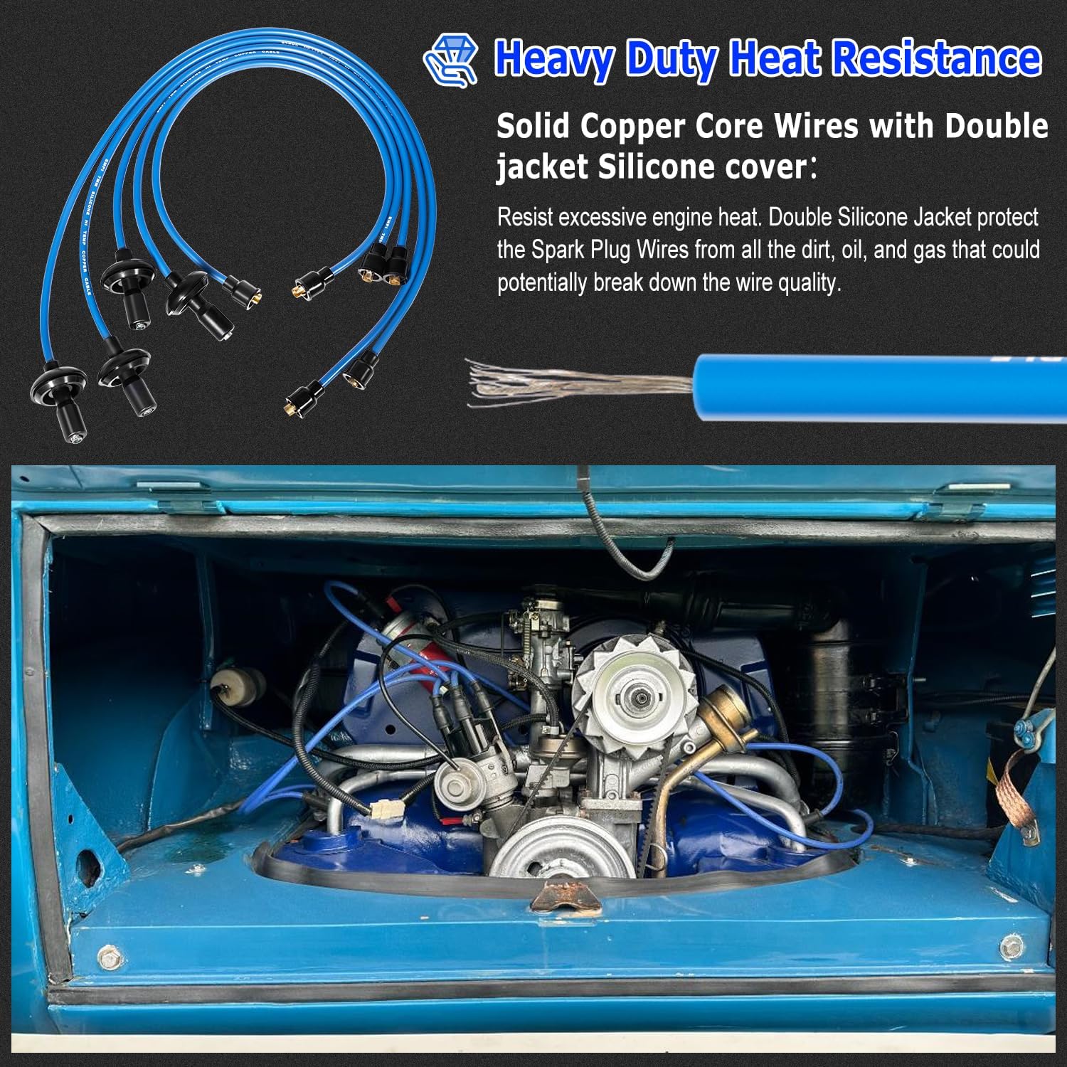 7mm Blue Silicone Ignition Plug Wires Set, 00-9407-0 Spark Plug Wire Set for VW Type 1 Bug, Beetle, Karmann GHIA