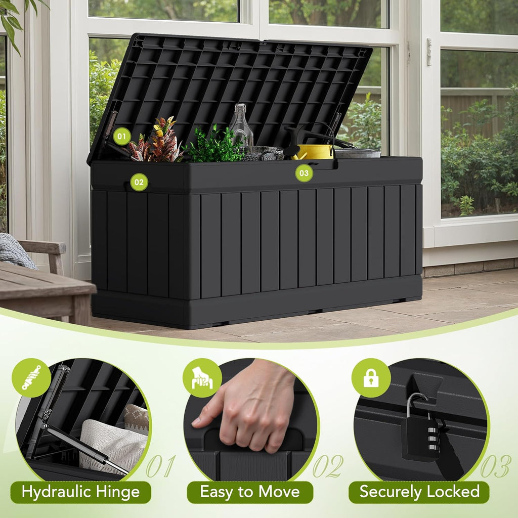 78 Gallon Deck Box, Waterproof Resin Outdoor Storage Box | Outdoor Storage Bench Lockable for Outside and Patio