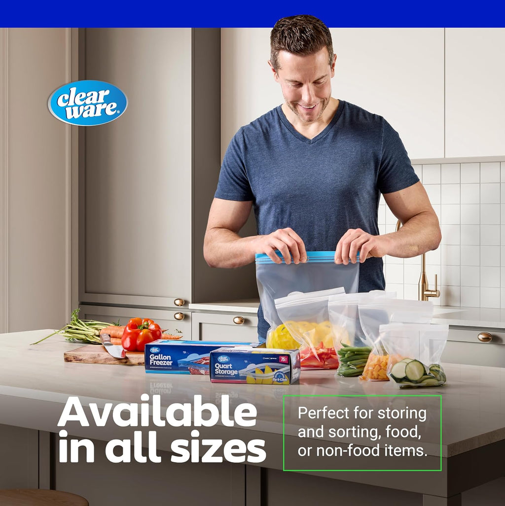 Quart Freezer Bags - Double Zipper Seal -150 Count, (2 Packs of 75) Resealable Plastic Freezer Containers - Reusable