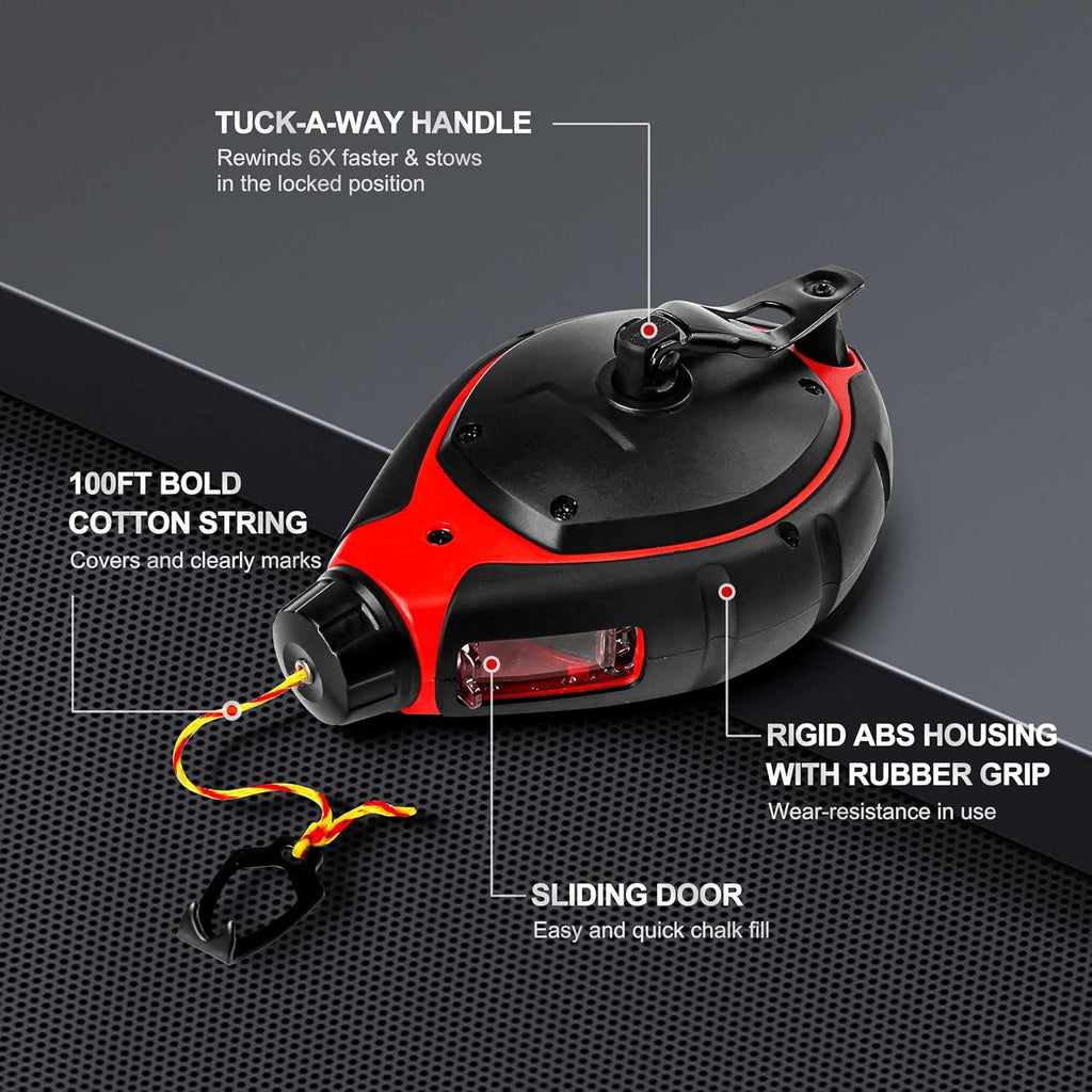 Chalk Line Tool, 100ft Chalk Box with 6:1 Gear Ratio & Construction String Line, Carpenter Tools for Framers