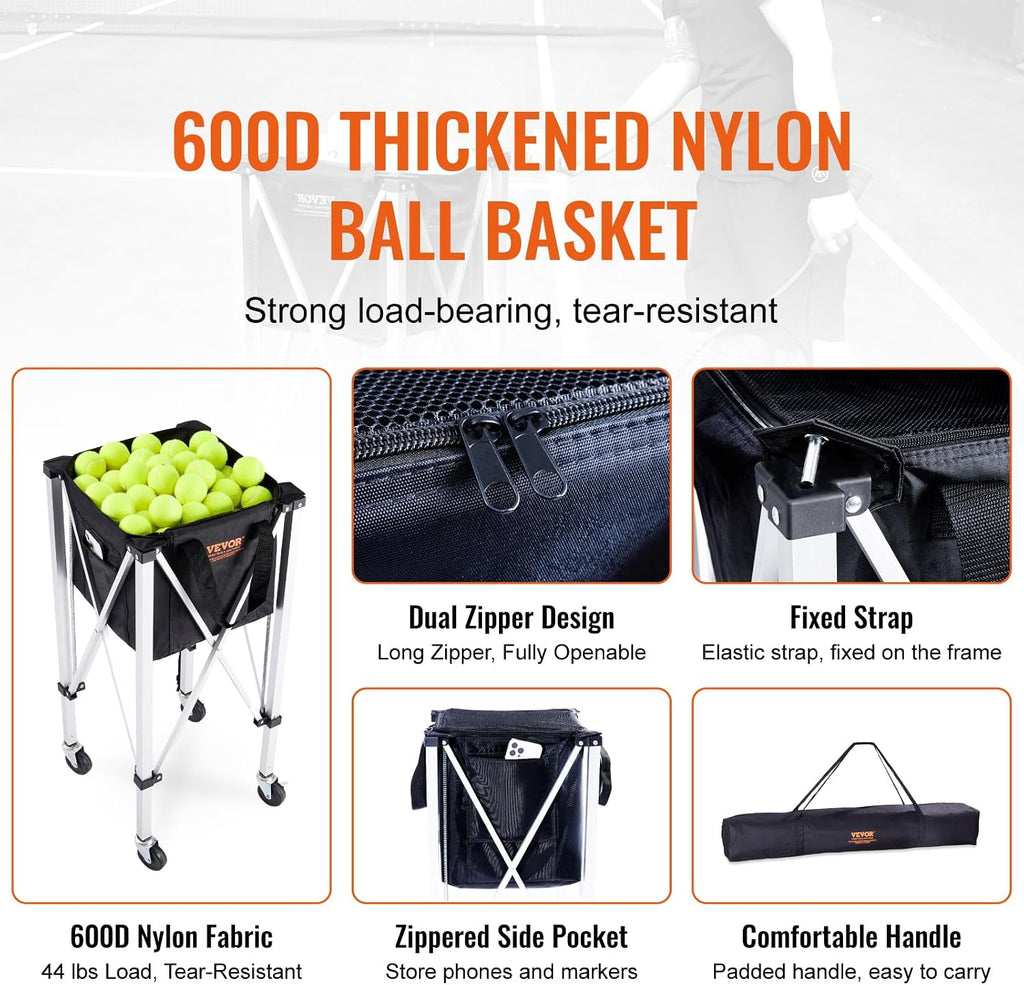 Foldable Tennis Ball Hopper, Holds 150-180 Tennis Balls, Lightweight Aluminum Alloy Tennis Ball Basket Cart with