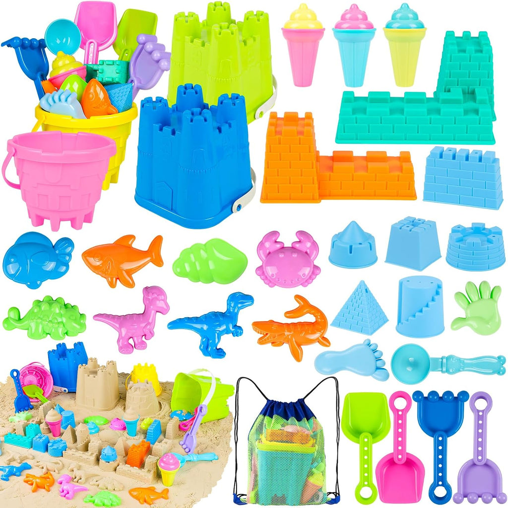 Beach Toys for Kids Toddlers, Sand Castle Toys with 4 Sand Bucket and Shovels, Mesh Bag & Molds, Ice Cream Travel