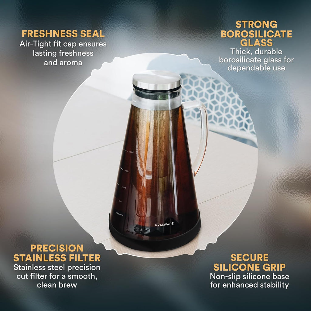 Airtight Cold Brew Iced Coffee Maker Pitcher (& Iced Tea Maker) with Spout – 1.5L/ 51oz Brewing Glass Carafe with