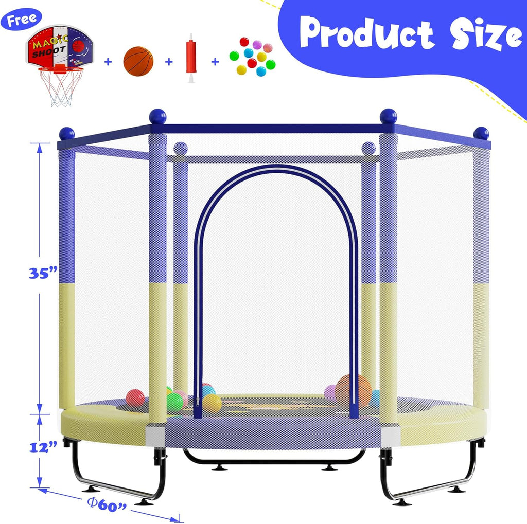 60" Trampoline for Kids, 5 FT Indoor & Outdoor Toddler Baby Trampoline with Basketball Hoop, Safety Enclosure