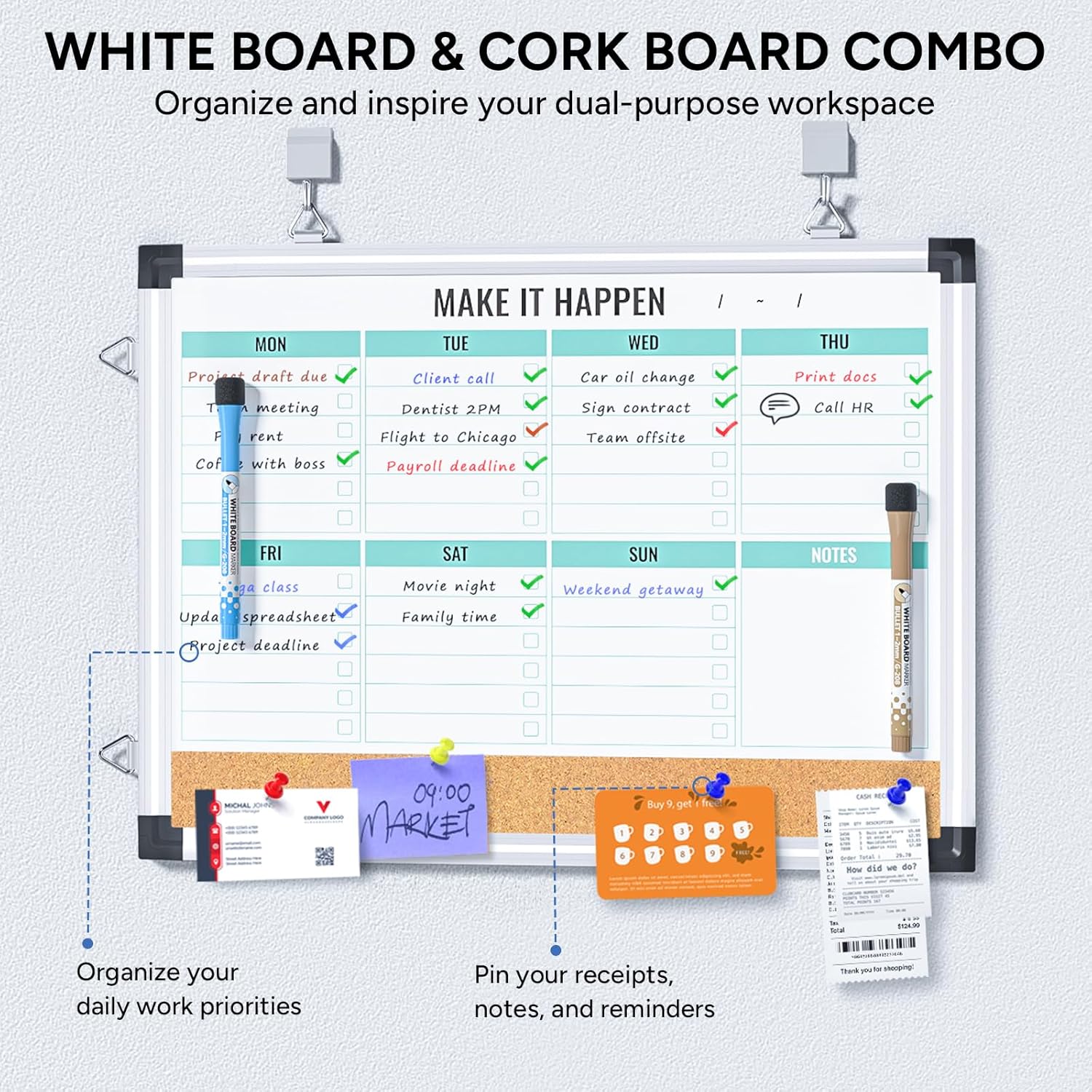 Weekly Dry Erase Board and Cork Board Combo for Wall, 17"x13" Reversible Hanging Dry Erase Board, Double Sided White