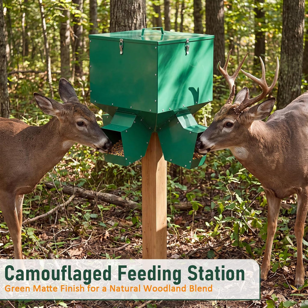 Gravity Deer Feeder, 150 lb Large Metal Hunting Feeder with 4 Ports