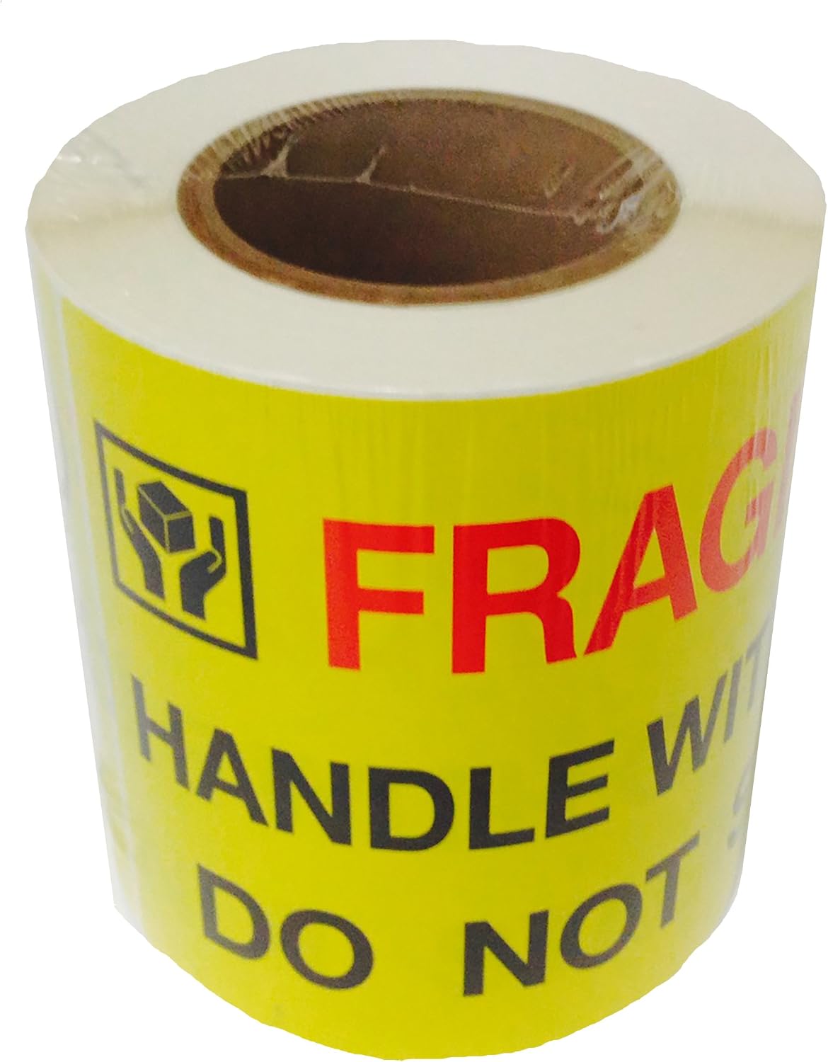Jumbo Fluorescent Yellow "Fragile Handle with Care Do Not Stack" Pallet Labels, 250 Labels Per Roll