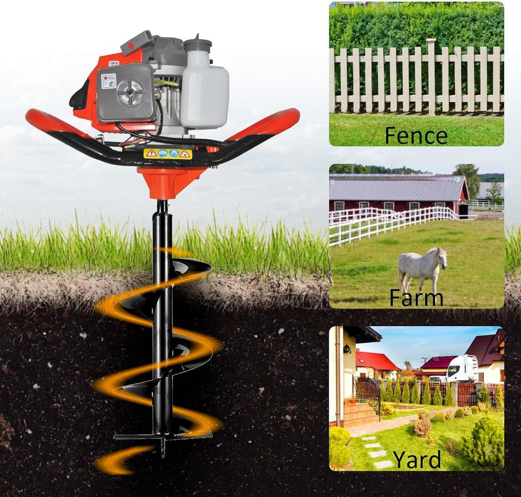 85cc 4HP Post Hole Digger Gas Powered, Gas Earth Auger/Ice Auger, with 3 Drill Bits 4"/8"/12" + 2 Extension Bar, One