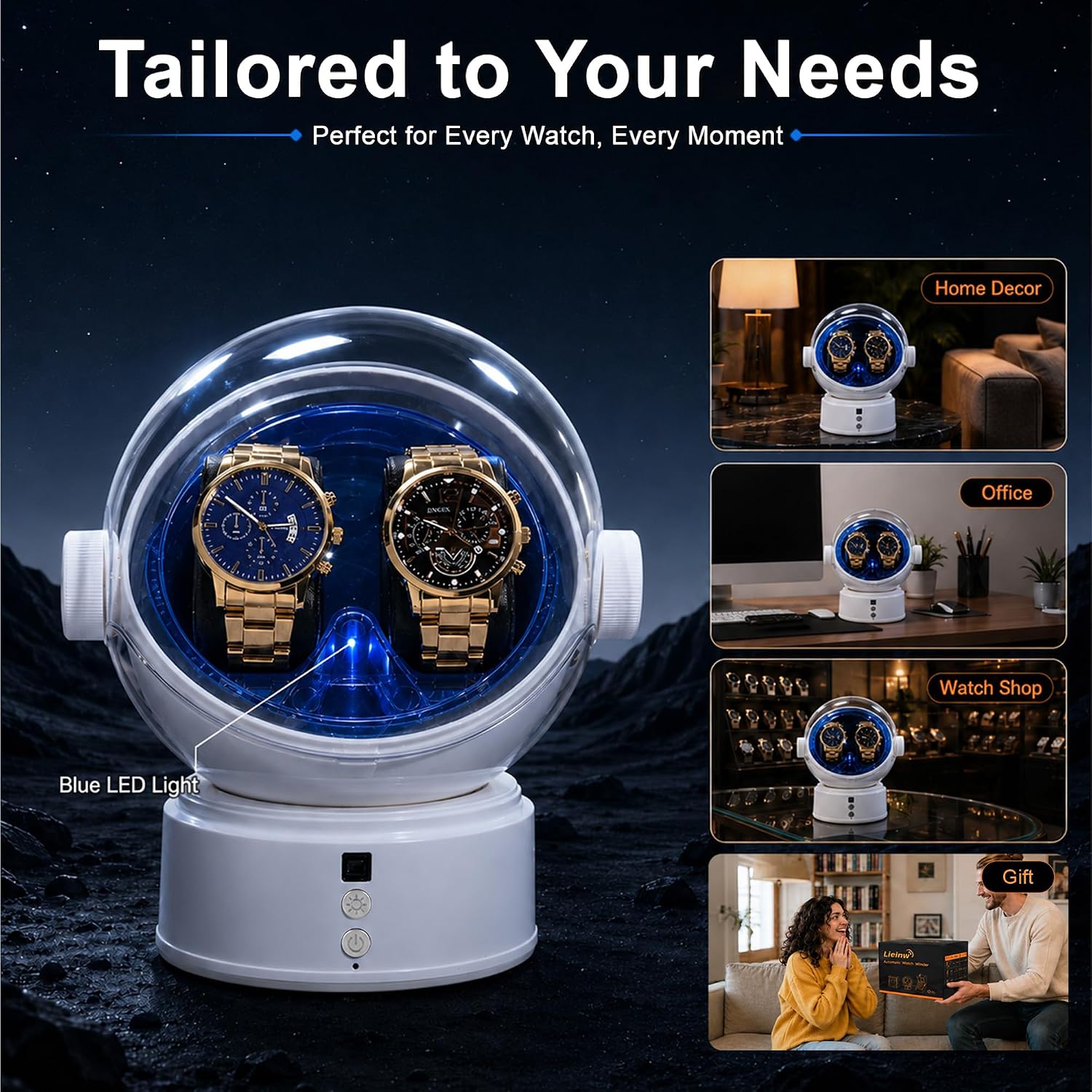 Automatic Watch Winder for Rolex and Auto Watches, Astronaut Style 2 Slots Rotating Watch Box with Blue LED &