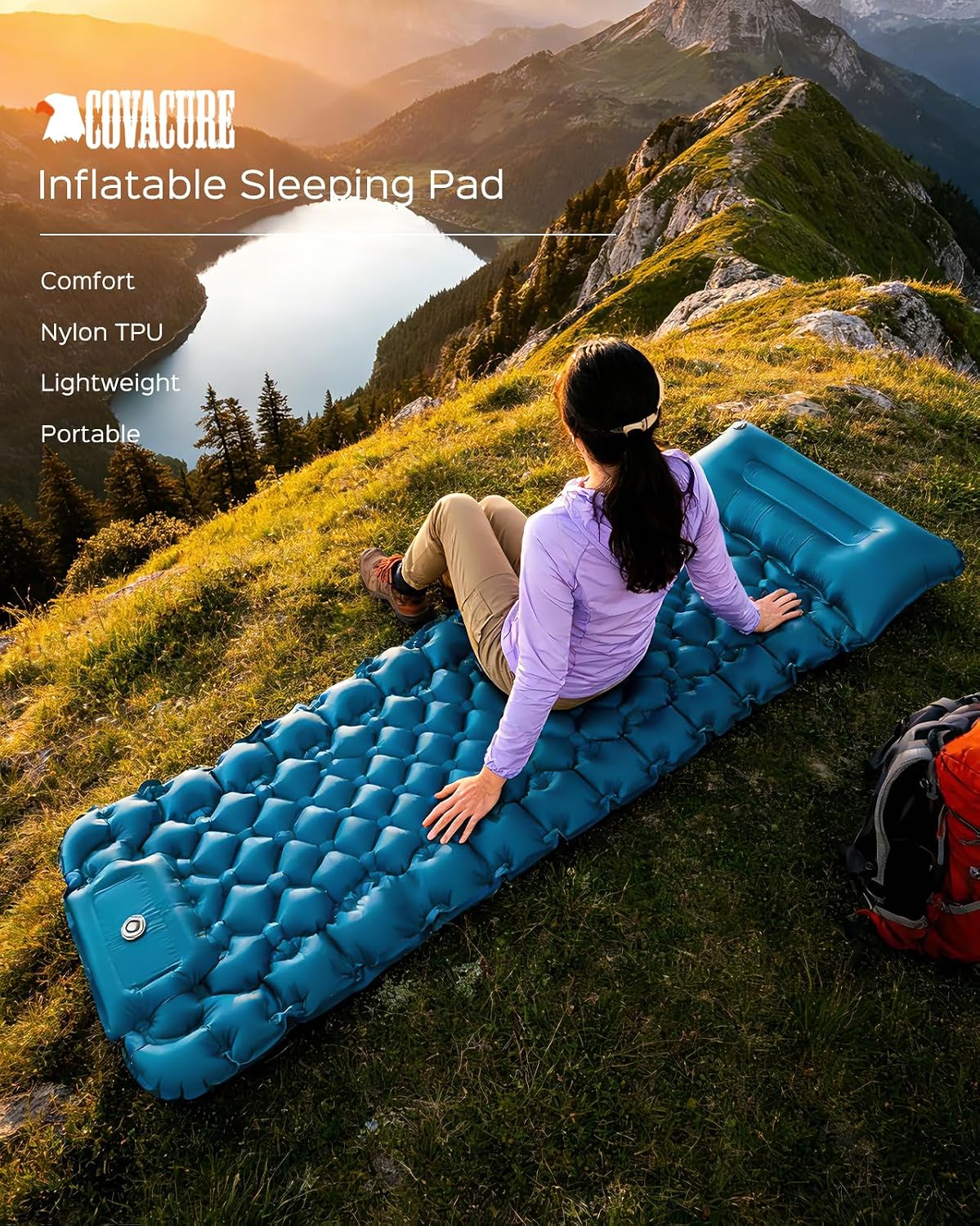 Sleeping Pad, 3.9" Thick Inflatable Mattress with Pillow & Pump | Built-in Pump, Quick Inflate, 40D Nylon, Button