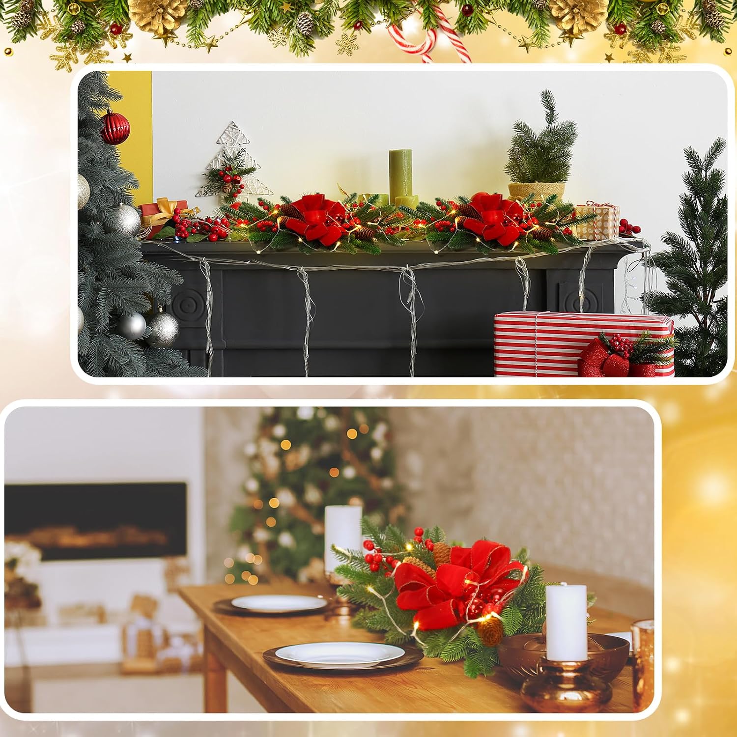 3 Pack Artificial Christmas Teardrop Swags 24" Xmas Cordless Prelit Stairway Swag Christmas Garland Stairs Rails