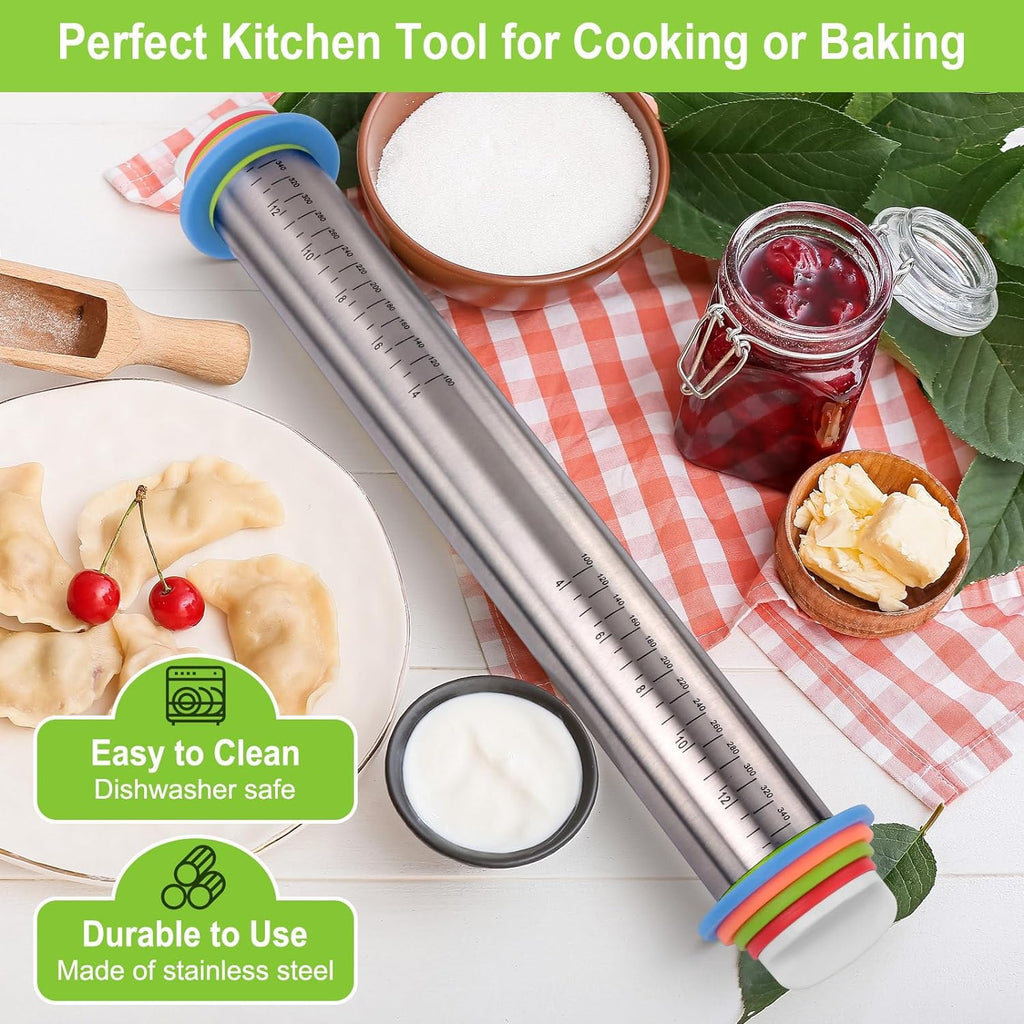 Adjustable Rolling Pin with Thickness Rings for Baking, Stainless Steel Designs Dough Roller Pins for Cookie