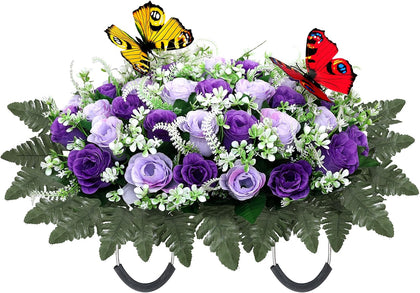 Artificial Cemetery Flowers for Grave,Large Headstone Flower Saddle Realistic Grave Flowers Memorial Silk Rose