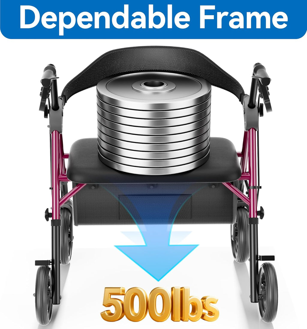 Bariatric Walkers for Seniors, 500lb Heavy Duty Rollator Walker, 19.7" Extra Wide Padded Seat, 8" All Terrain
