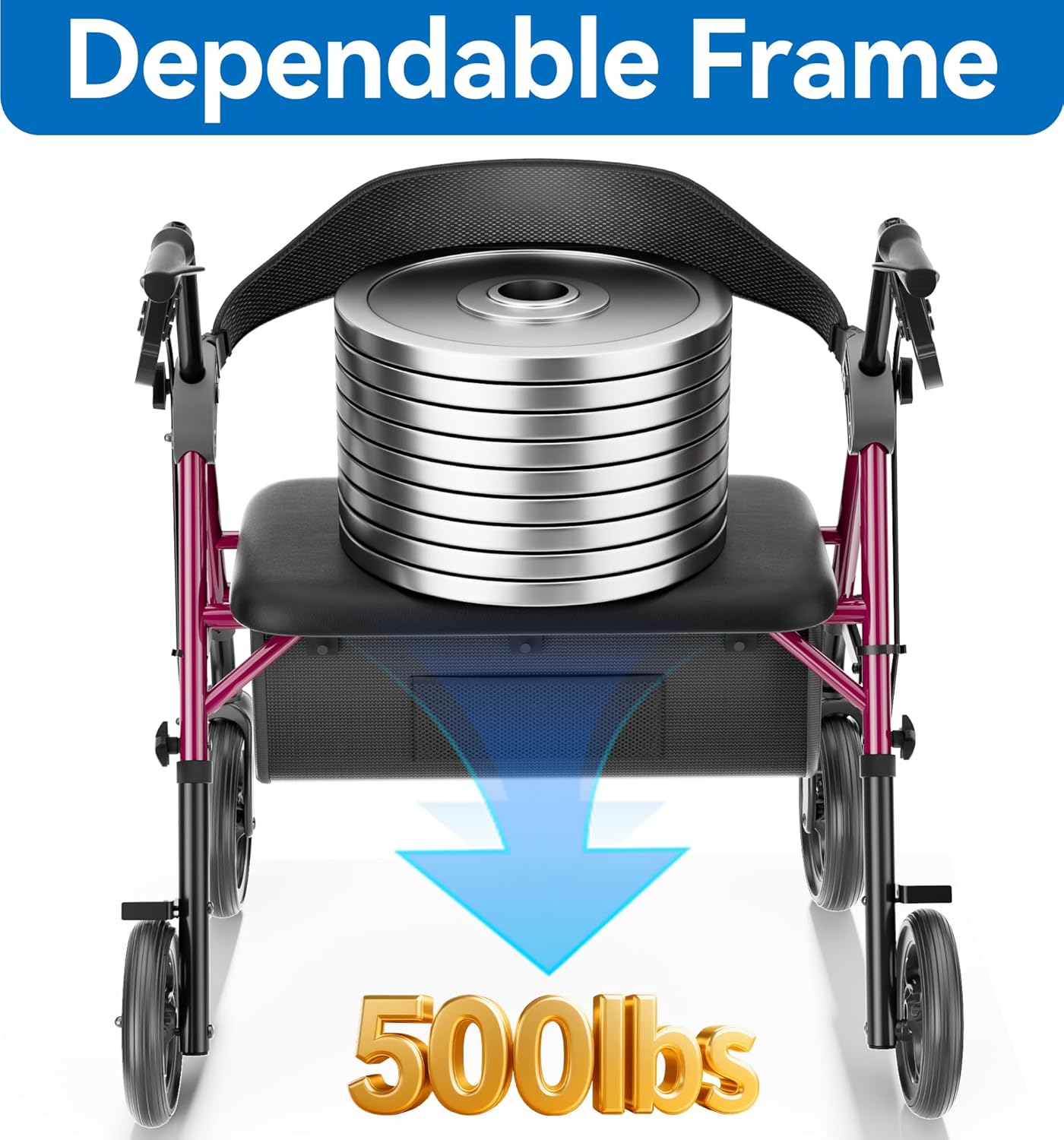 Bariatric Walkers for Seniors, 500lb Heavy Duty Rollator Walker, 19.7" Extra Wide Padded Seat, 8" All Terrain