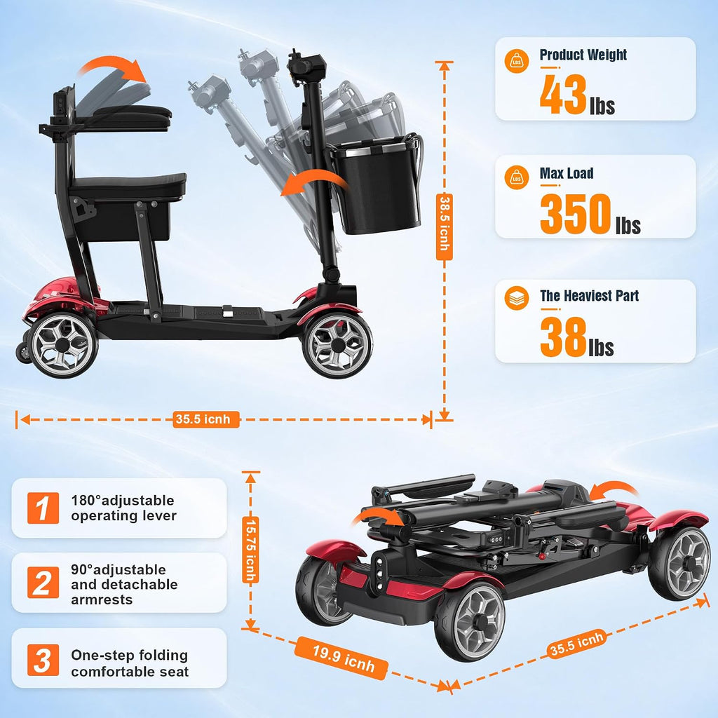 Mobility Scooter for Adults w/Lithium Battery, 43lbs, Red, 30MI