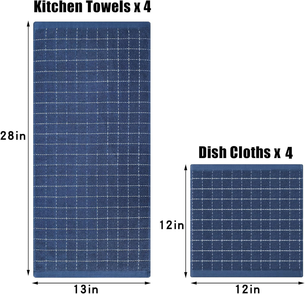Kitchen Towels and Dishcloths Set, Set of 8, Navy Blue | Bulk Cotton Terry Kitchen Towels, Checkered Designed, Soft