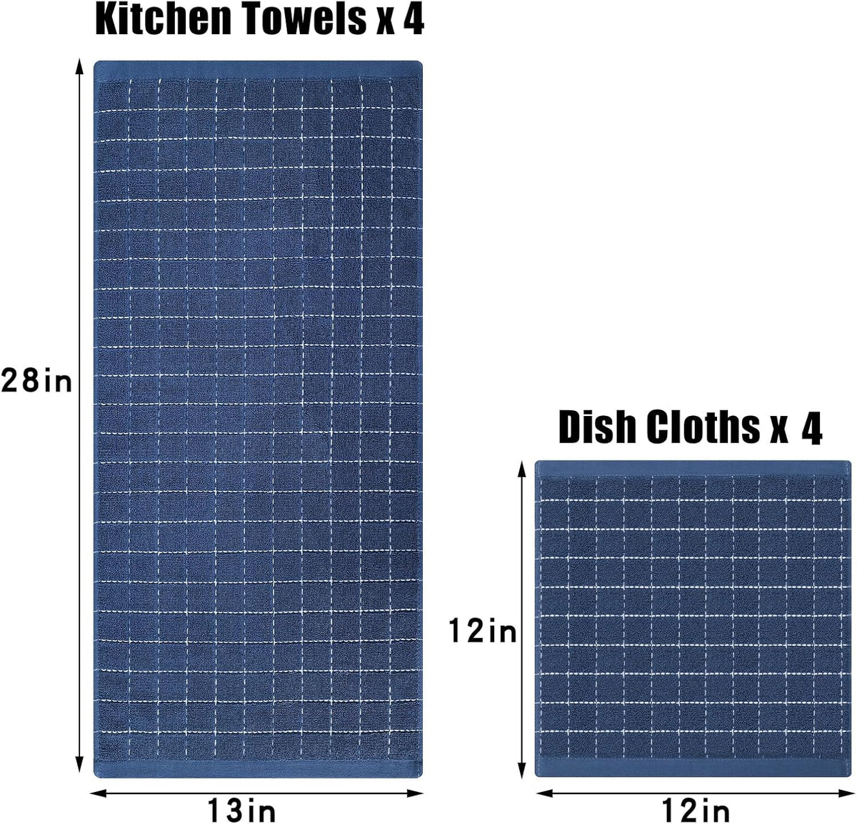 Kitchen Towels and Dishcloths Set, Set of 8, Navy Blue | Bulk Cotton Terry Kitchen Towels, Checkered Designed, Soft