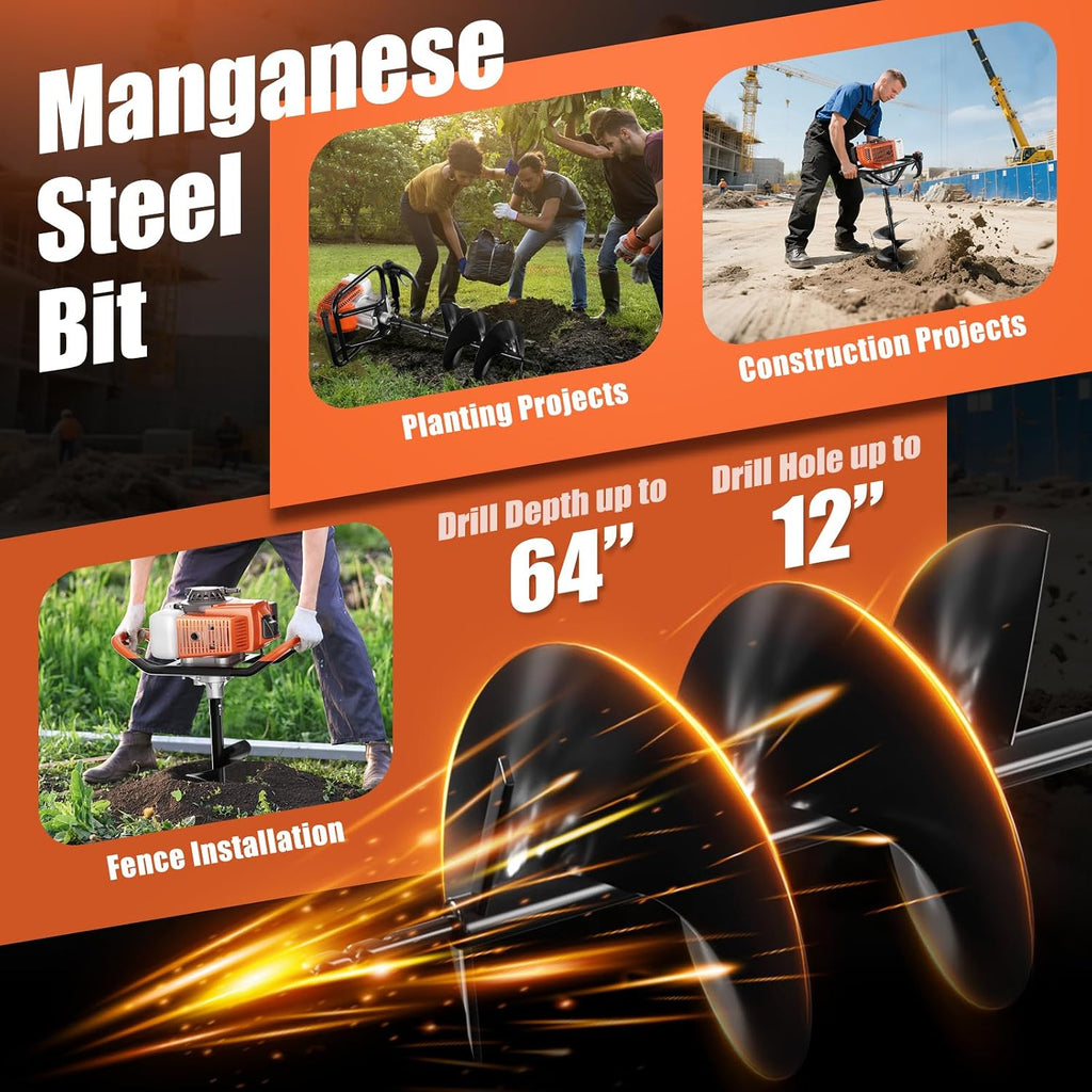 62cc Gas Powered Post Hole Digger, Earth Auger with 6" & 8" Drill Bits and 2 Extension Rods, Heavy Duty Earth Digger