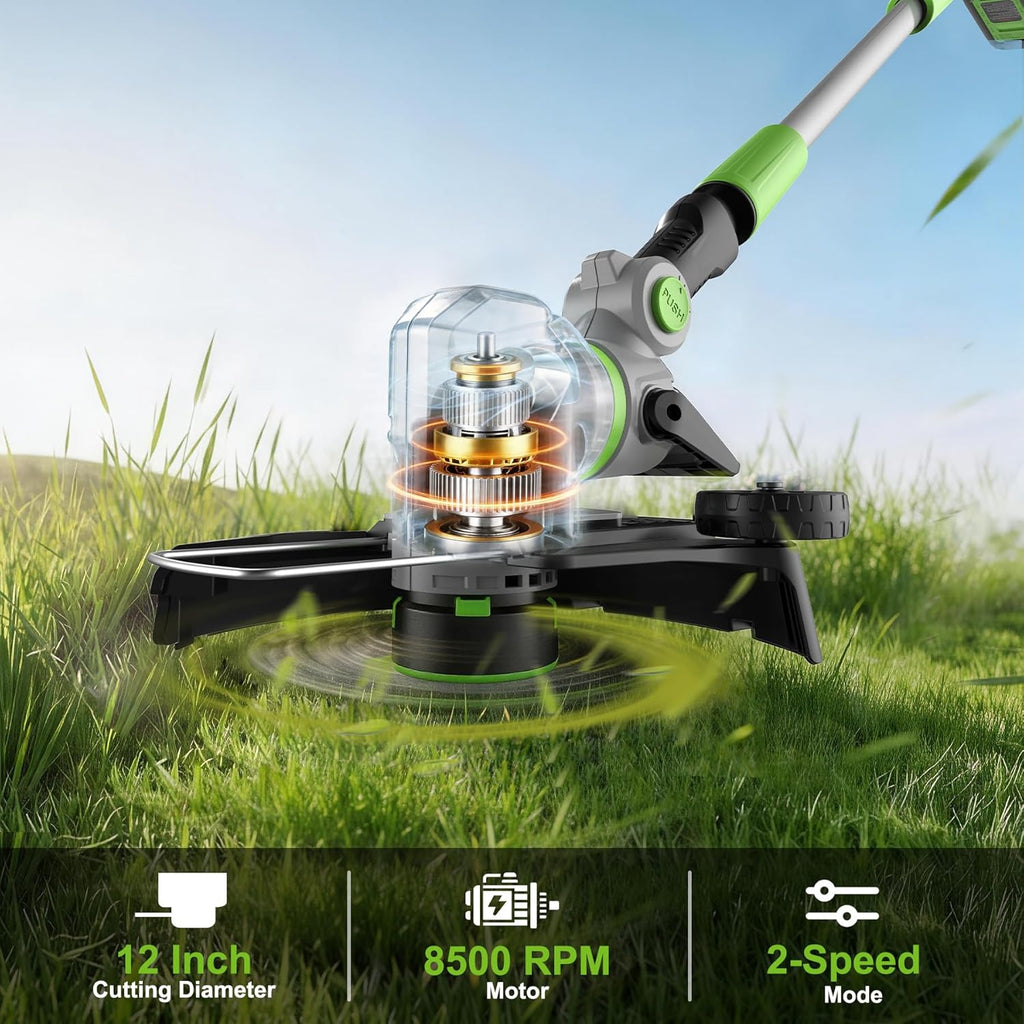 12" 21V Weed Wacker Cordless, 2 in 1 String Trimmer and Edger | Automatic Line Feed, 2 Speed Modes, 2 X 2.0Ah