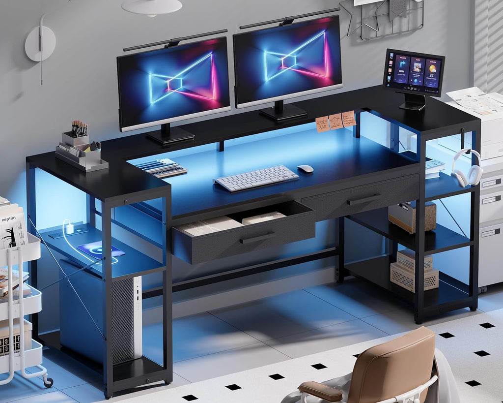 58 Inch Computer Desk with Monitor Stand and Shelves Gaming Desk with LED Lights & Power Outlets PC Vanity Table with