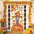 Fall Door Banner Cover Scarecrow Pumpkin Leaves Hanging Banner Autumn Harvest Fabric Photo Background for