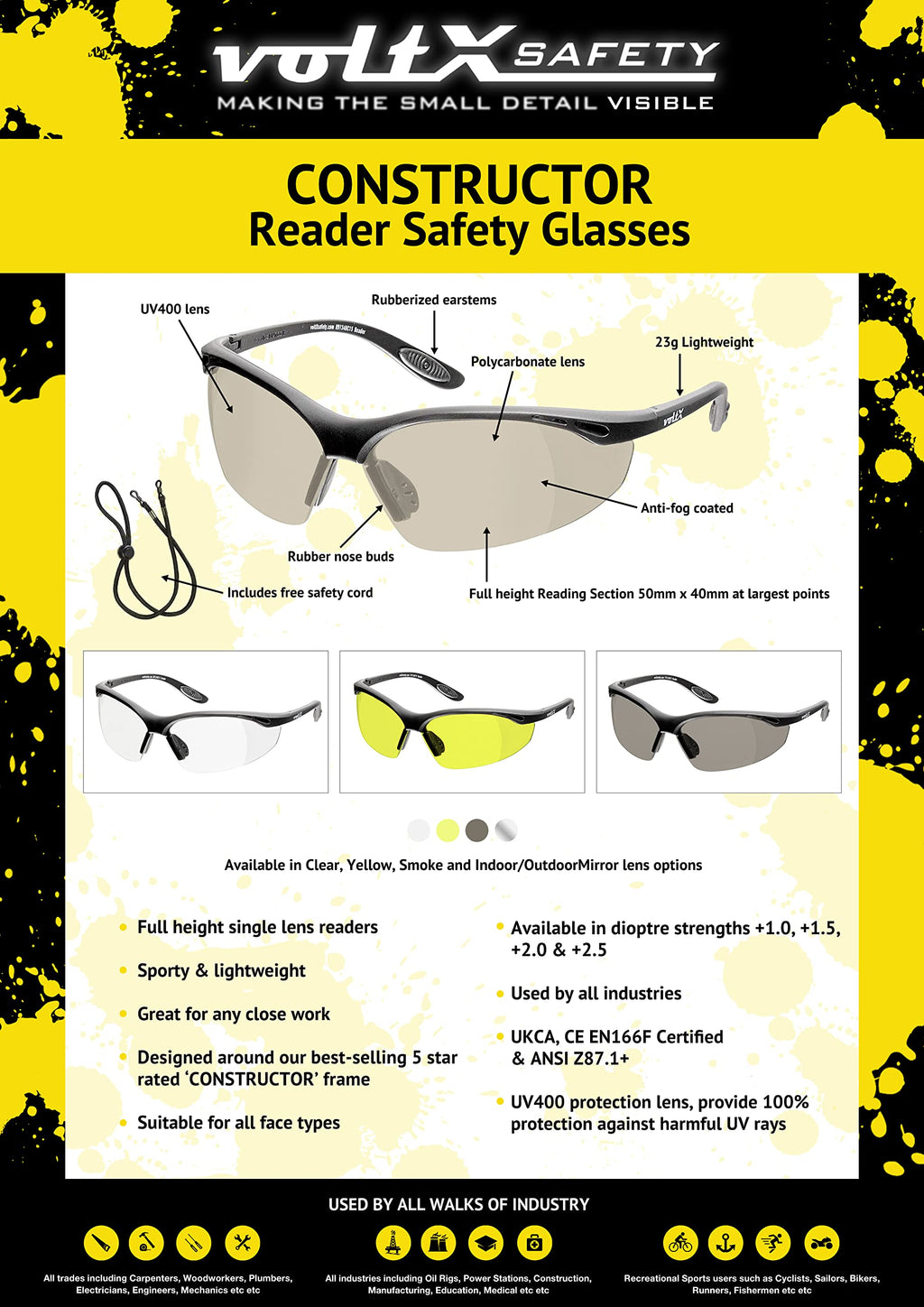 CONSTRUCTOR Mirror Full Lens Reading Safety Glasses +2.5 Dioptre
