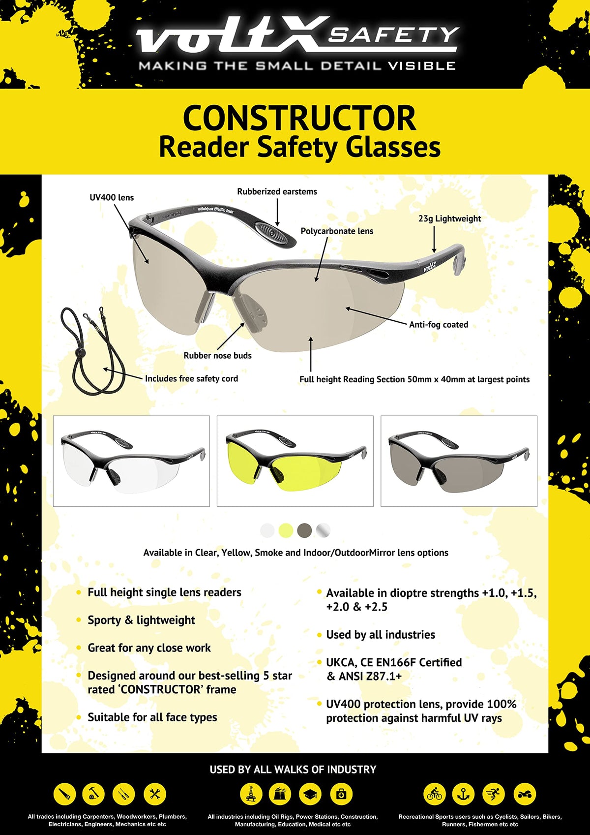 CONSTRUCTOR Mirror Full Lens Reading Safety Glasses +2.5 Dioptre