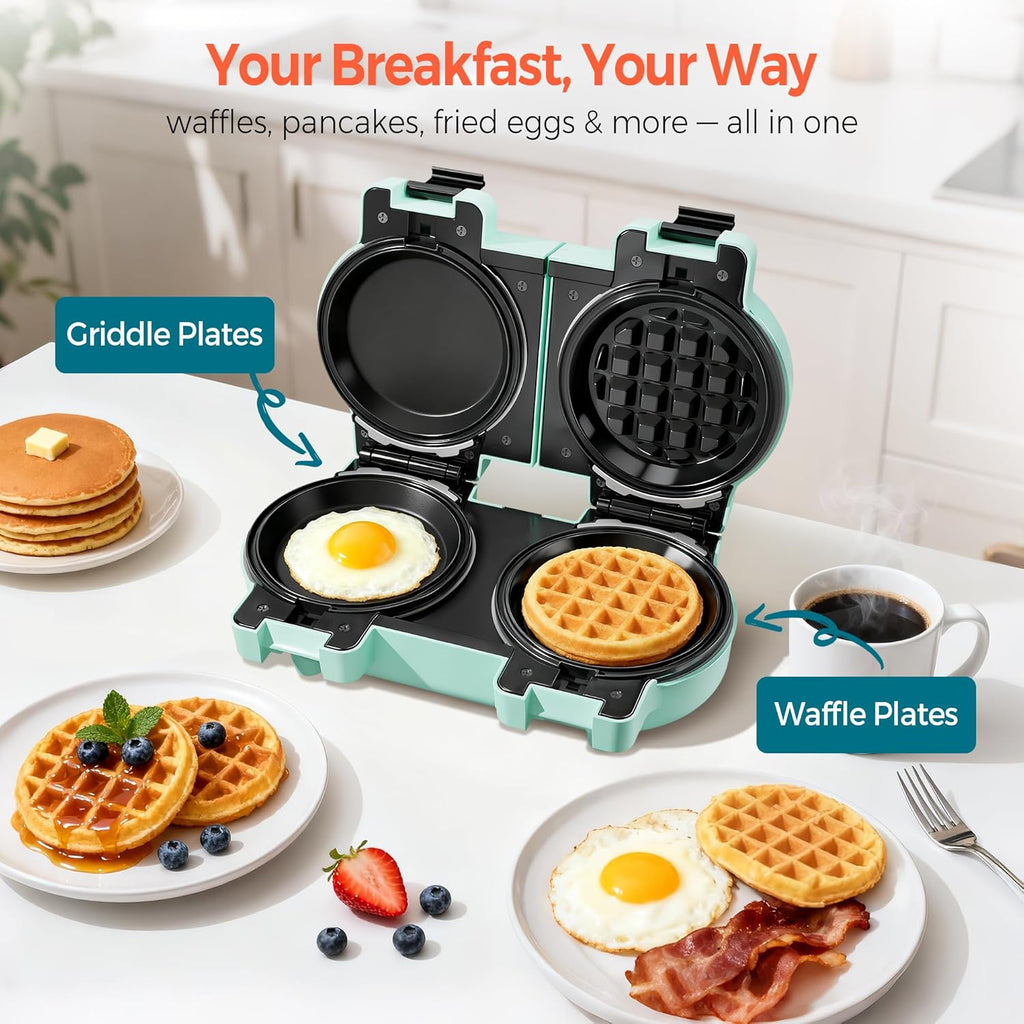 2-in-1 Mini Waffle & Pancake Maker with Removable Plates | 4" Nonstick Plates, Double Small Waffle Iron, Dishwasher