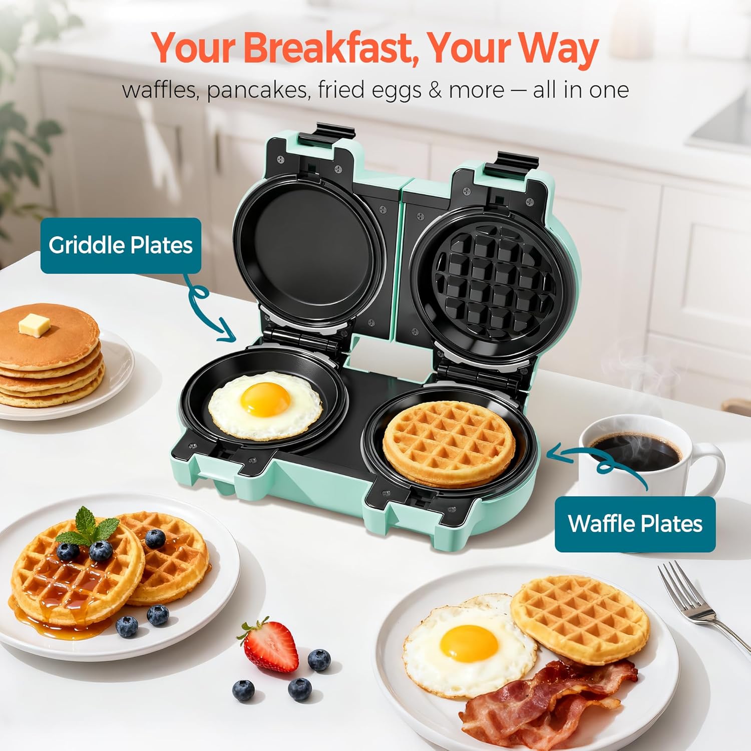 2-in-1 Mini Waffle & Pancake Maker with Removable Plates | 4" Nonstick Plates, Double Small Waffle Iron, Dishwasher