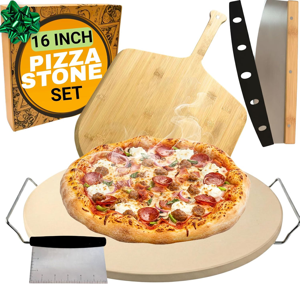 Large Pizza Stone for Oven 16 inch - Round Pizza Stone for Grill with Handles, Wood Pizza Peel and Cutter Set