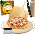 Large Pizza Stone for Oven 16 inch - Round Pizza Stone for Grill with Handles, Wood Pizza Peel and Cutter Set