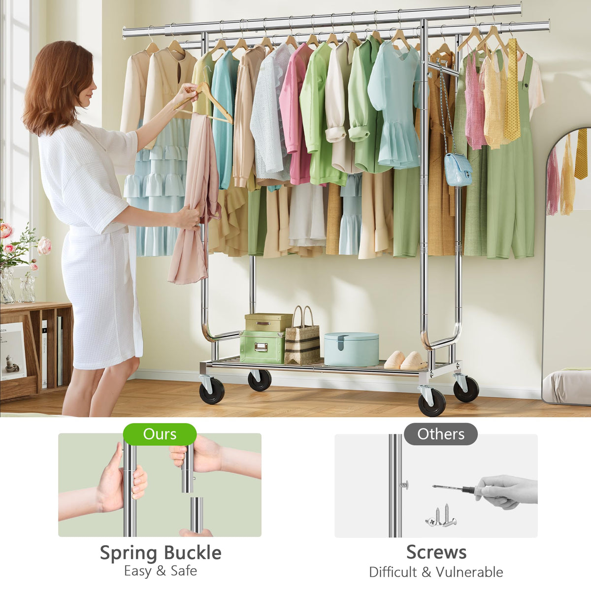 Heavy Duty Rolling Clothes Rack, 620 LBS Load Double Rod Adjustable Garment Rack with Storage Shelf, Portable