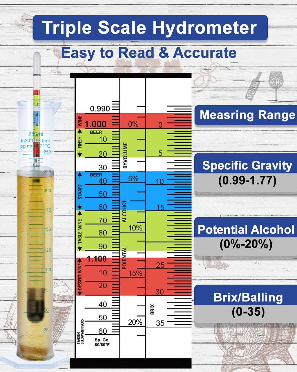 Hydrometer Test Kit, Triple Scale Alcohol Tester Hydrometer for Wine, Beer, Kombucha & Mead, Wine Making Kit, (ABV