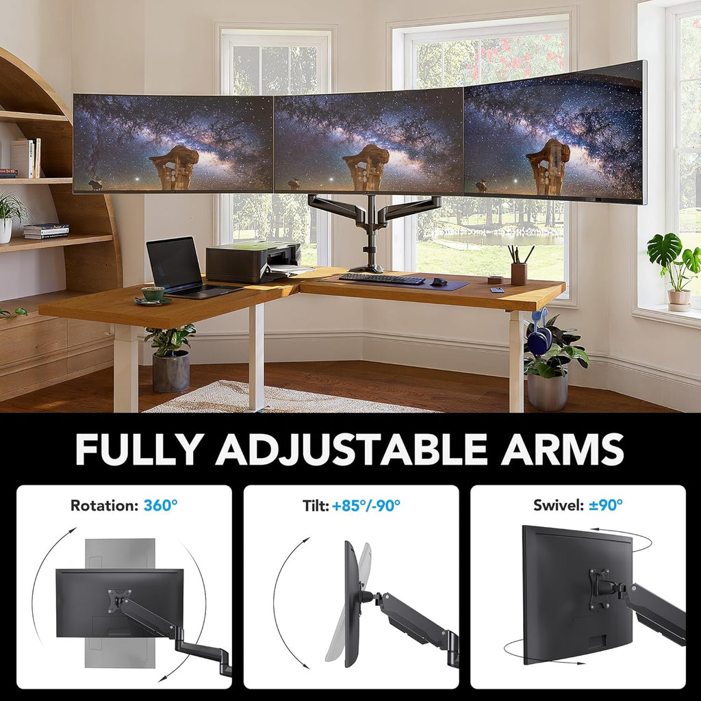 Triple Monitor Mount for 17 to 32 inch Screens, Adjustment Gaming Triple Monitor Stand with Swivel, Tilt, Rotation