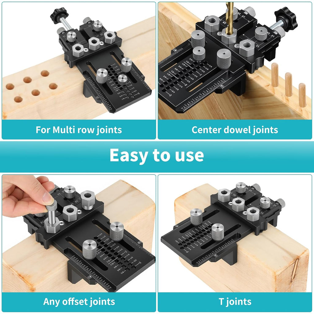 Dowel Jig Kit for Perfect Wood Joints, Self Centering Doweling Jig with 1/4 3/8 1/2 Drill Bushings & Bits