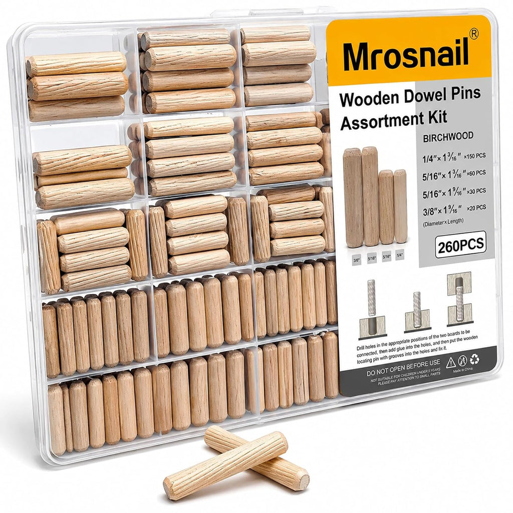 260PCS Wooden Dowel Pins Assortment, Fluted Hardwood Dowels
