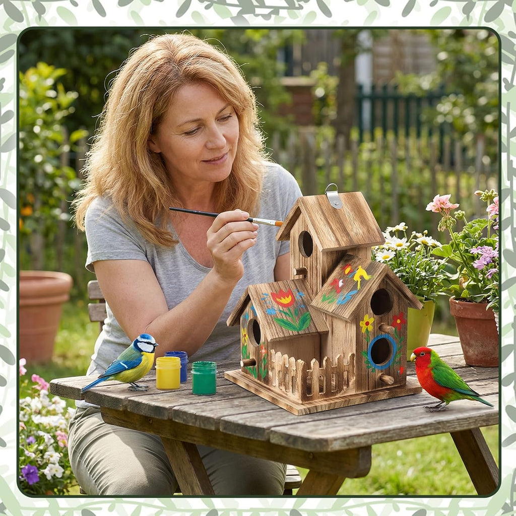 Bird House for Outside, Outdoor 3 Hole Bird House Room Bluebird Finch Wooden Hanging Birdhouse Handmade Wooden