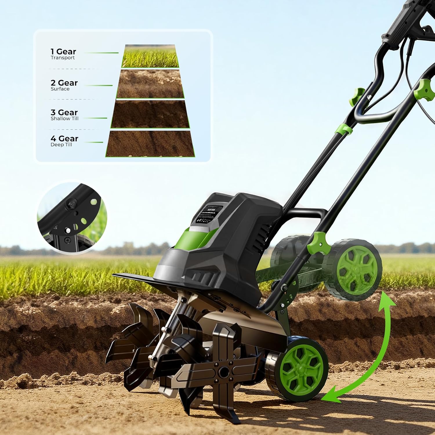 1800W 15A Corded Electric Tiller for Gardening and Soil Cultivation | 18"Width × 9"Depth | 400 RPM | 4-level