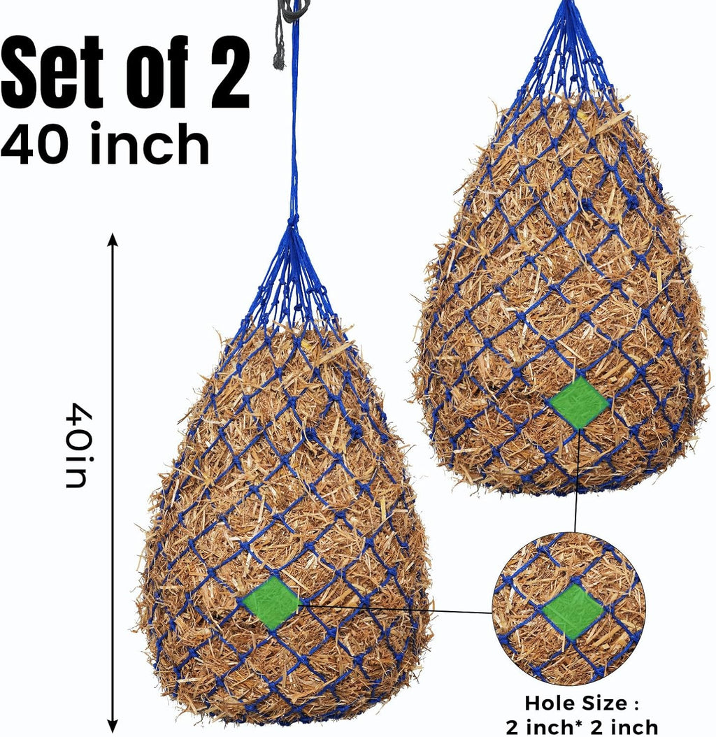 Slow Feed Hay Nets for Horses, 2 Pack, 40 Inch, 2 Inch Holes, Blue