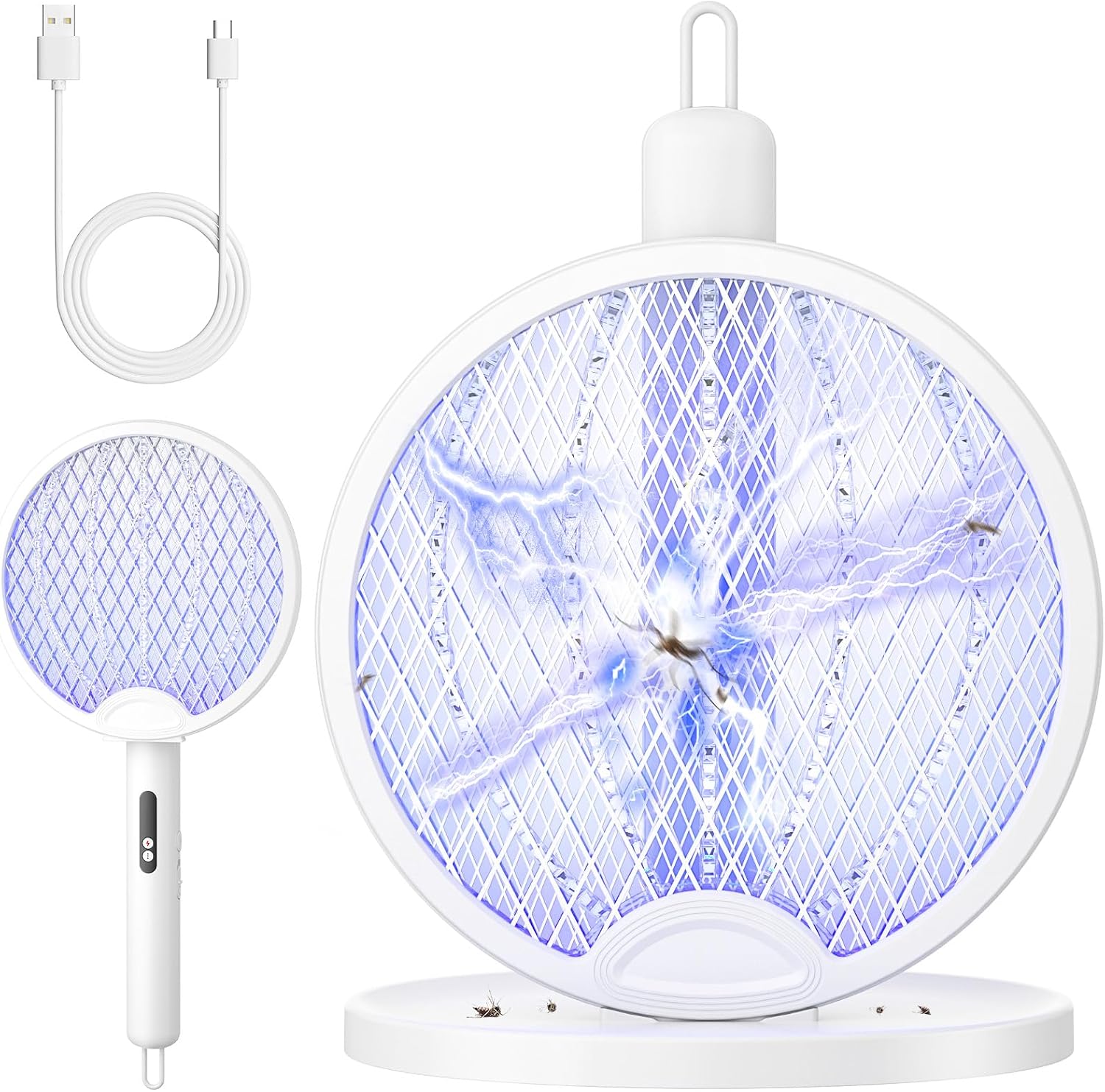 2 in 1 Mosquito Killer Racket, 4000V Foldable Electric Fly Swatter | Charging Base & Attractant Light, Rechargeable