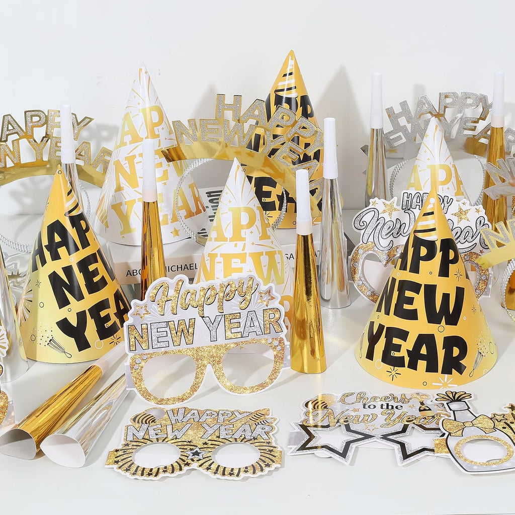 2026 New Year Eve Party Supplies 36pcs Gold Silver Years Eve Decorations Kit - Happy New Year Paper Glasses Headband