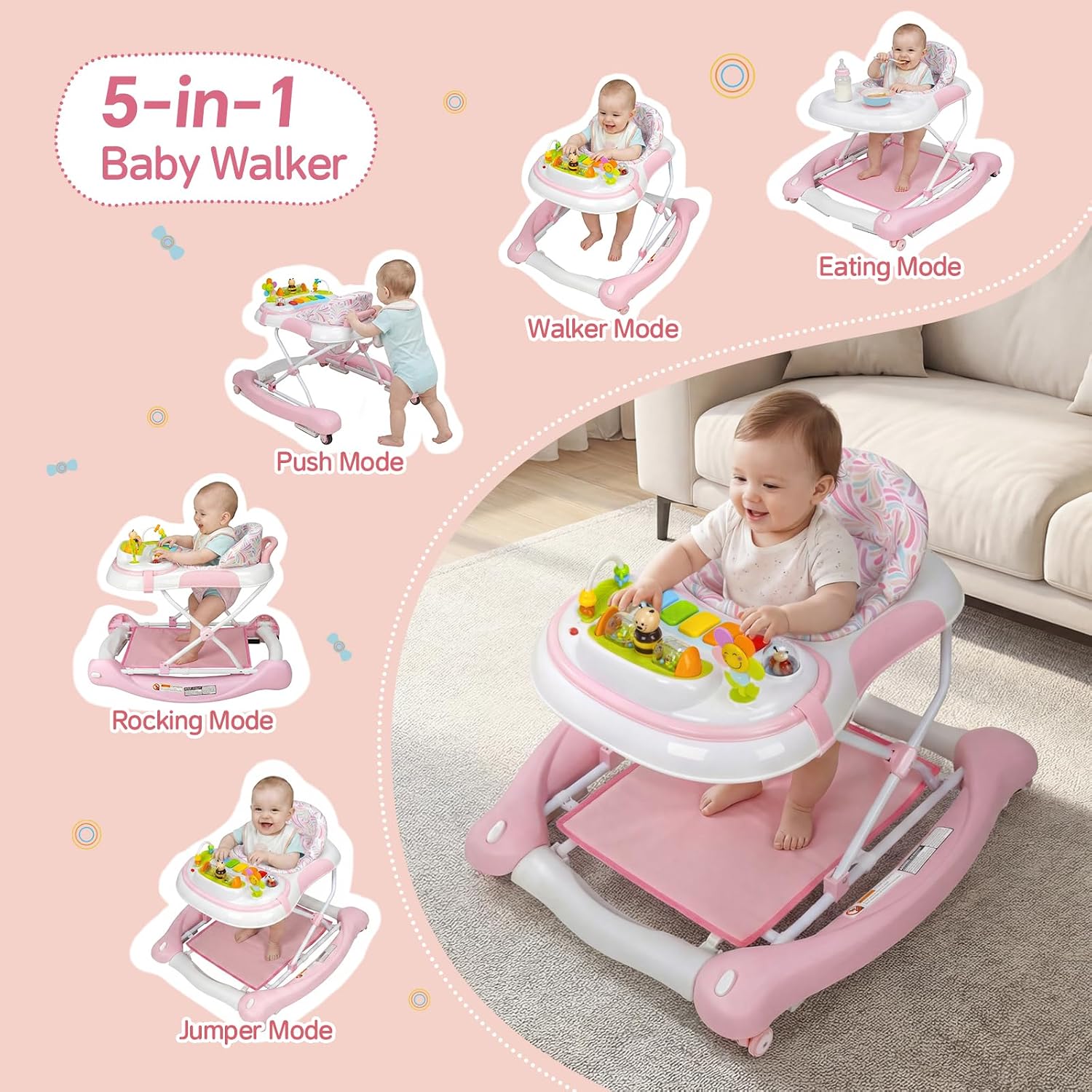 5 in 1 Baby Walker, Music and Lights Foldable Baby Walker with Wheels, 3 Adjustable Heights, with Bouncer Combo